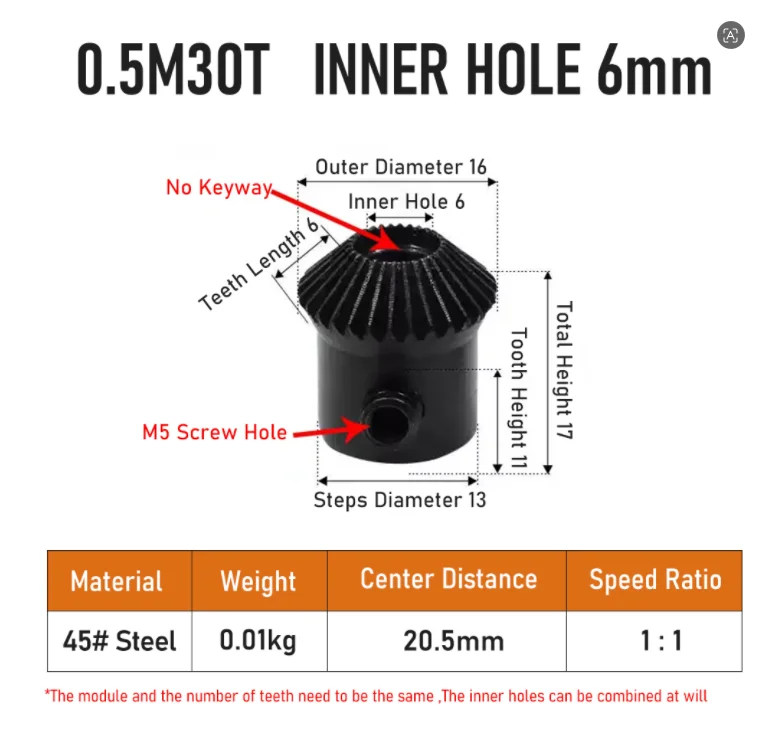 Bevel Gear 0.5M 30Teeth With Inner Hole 6mm 90 Degree Drive Commutation 45#Steel Gears With Screw Smooth Operation