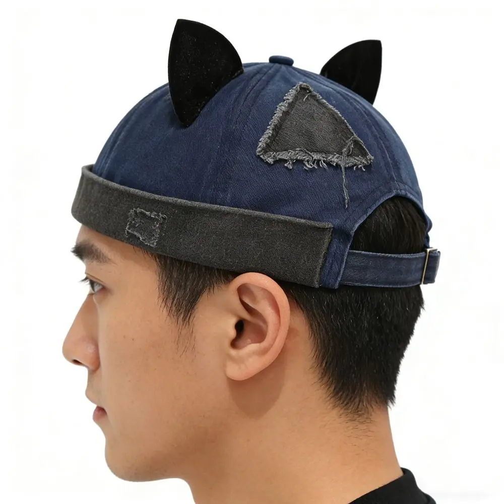 Retro Style Cute Cat Ears Brimless Hat Hip Hop Rolled Cuff Melon Docker Cap Adjustable Solid Color Docker Cap Outdoor