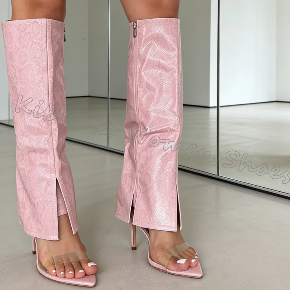 Animal Print Sandal Boots Knee High Side Zipper Solid Color Leather Transparent Pvc Mixed Color Women Shoes Round Toe Thin Heels