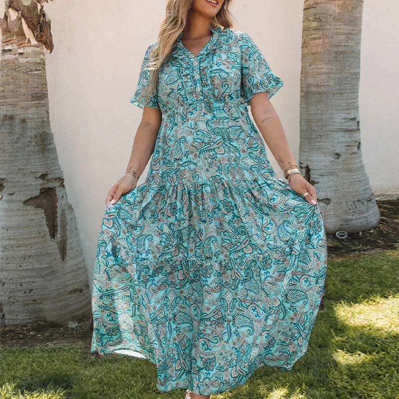 Übergröße Paisley-Print Kleid V-Ausschnitt Kurzarm Böhmisches Urlaubskleid mit Rüschen und Lagen für Damen – Detail 5