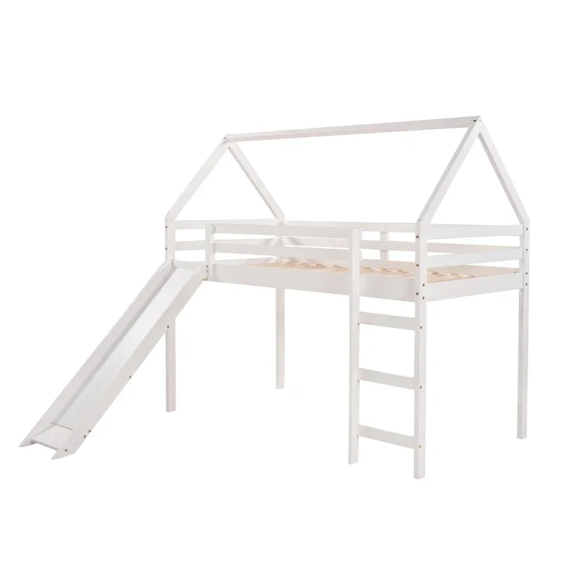 Cama loft de tamaño doble con tobogán, cama de casa con tobogán, blanco