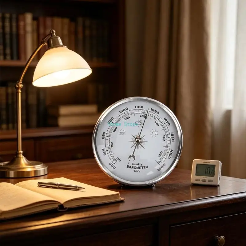 Indoor Air Pressure Reference Meter with Round White Face and Metal-Look Frame, 130 mm Display Piece for Home Office Daily M68E