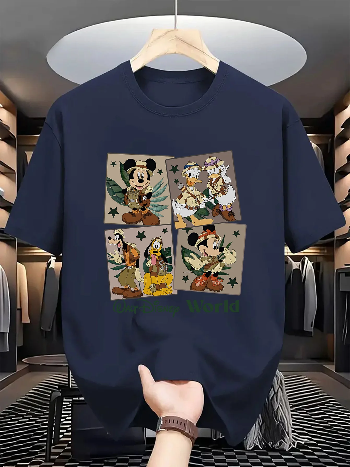 

Лето 2026, новая высококачественная свободная спортивная футболка из чистого хлопка с персонажами Диснея в джунглях, сцену приключений, четырех панели, мультфильм