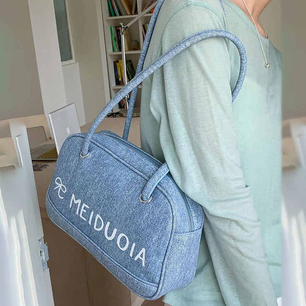 

Korean Style Bowling Underarm Bags Women Fashion Blue Shoulder Bag Bow Letter Print Hand-held Totes Lady Casual Square Handbags