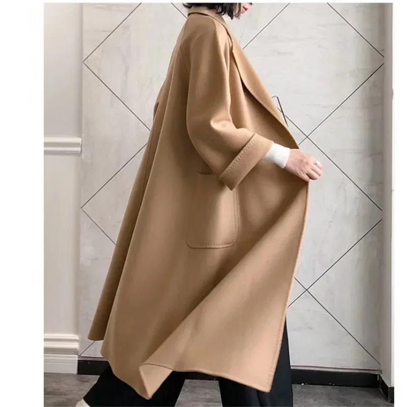 Korean Women Handmade Hepburn Corrugated Water Ripples Coat Double-sided Cashmere Wool Long Woolen Jacket Cashmere Coat