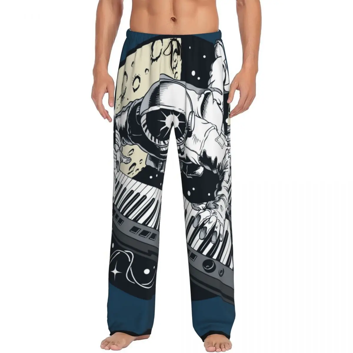 Custom Printed Men's Pajama Pants Funny Astronaut Playing Piano Synthesizer In Space Sleepwear Sleep Lounge Bottoms with Pockets