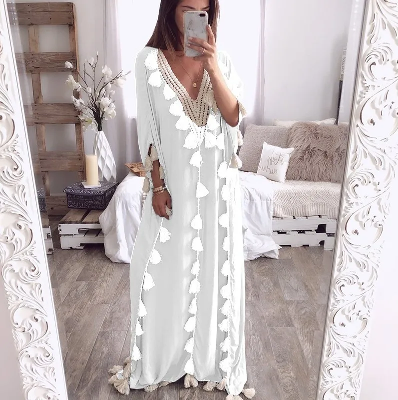 Women Loose Tassel Ruffer Long Dress Elegants Caual Short Sleeve Beach Dress Spring Summer Spring Muslim Moroccan Kaftan Dress