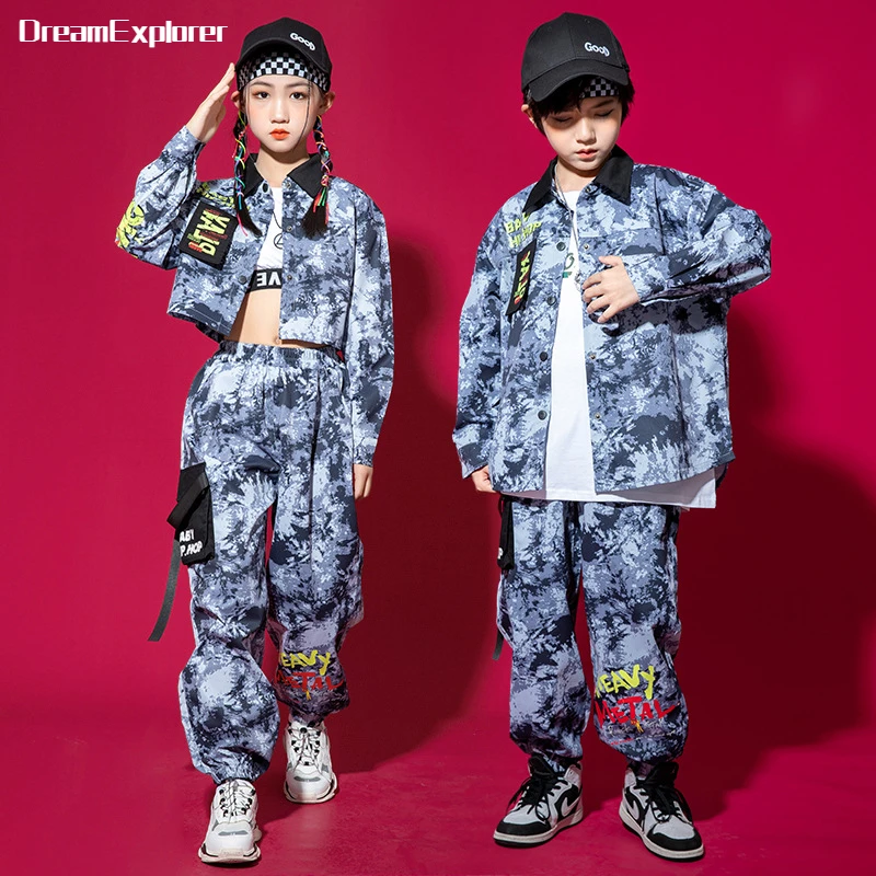 Boys Hip Hop Camouflage Shirt Joggers Girls Street Dance Crop Top Blouse Cargo Pants Child Military Clothes Sets Kids Streetwear