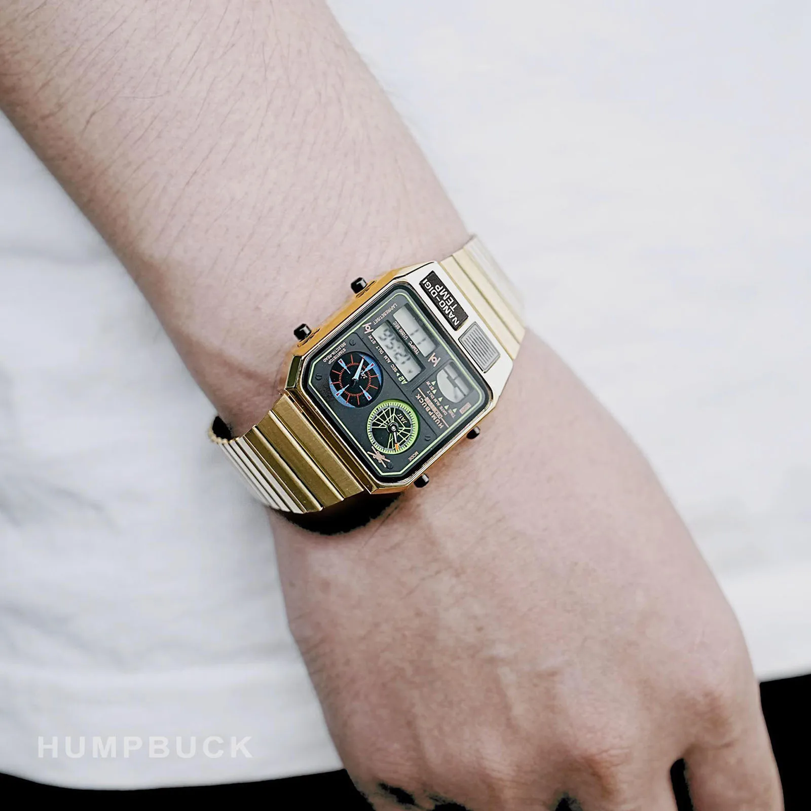 HUMPBUCK 디지털 시계 남성용 다기능 Anadigtemp 시계 클래식 디자인 듀얼 타임 수집 주제 손목 시계