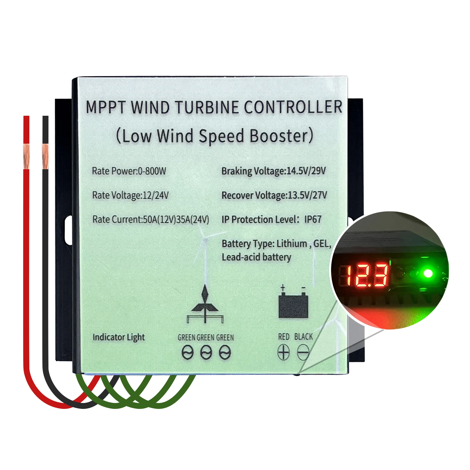 12V/24V 800W MPPT Wind Turbine Generator Controller Low Voltage Charging Regulator IP67 With Voltage Display For 800W Wind