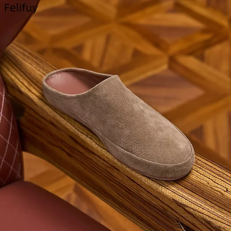New Men's Slippers Retro Brown Flat Bottom Men's Slingback Shoes Closed Toe Round Toe Cow Suede Real Leather Summer Sandals