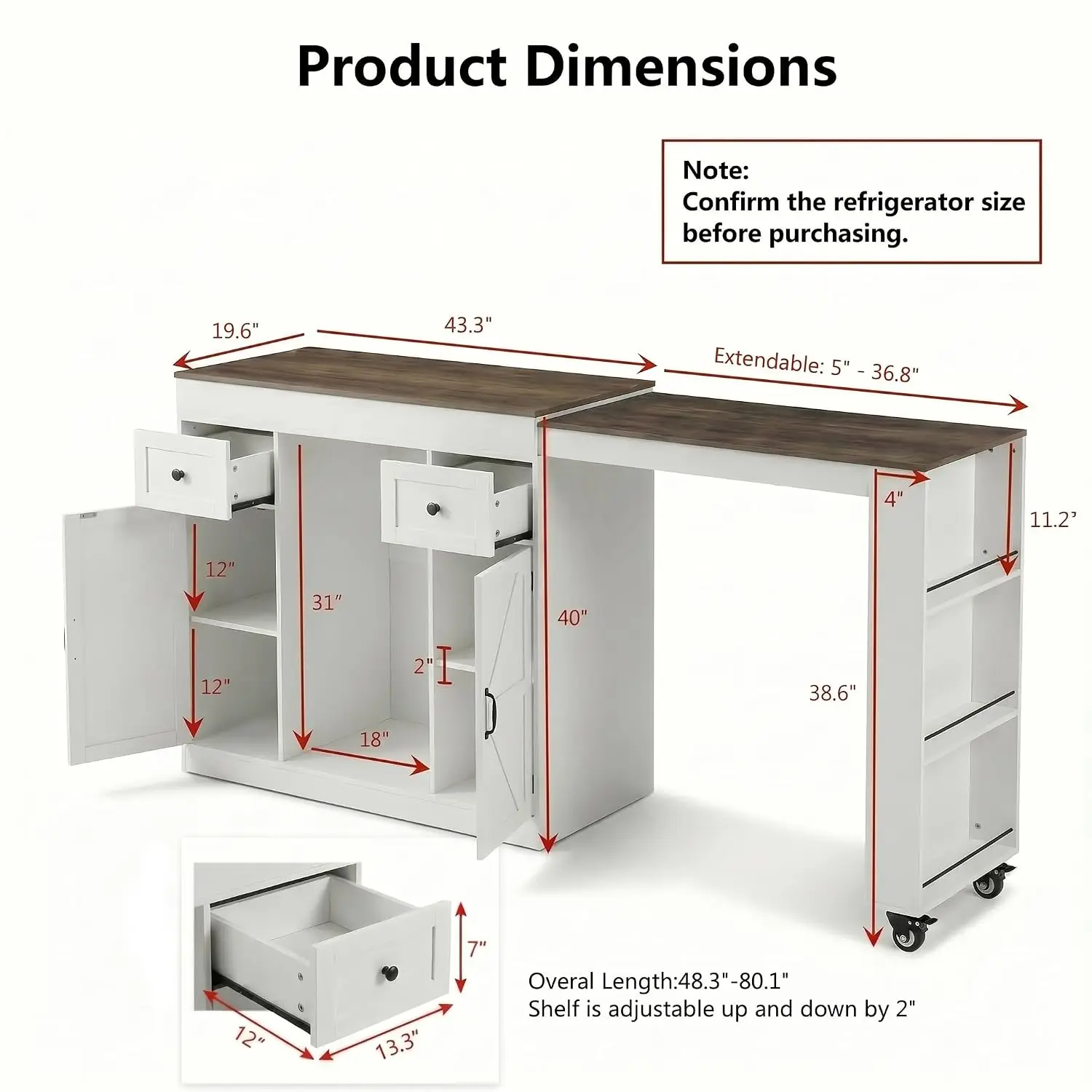 Extendable Kitchen Island with Fridge Storage 48-80 Inch, Customized