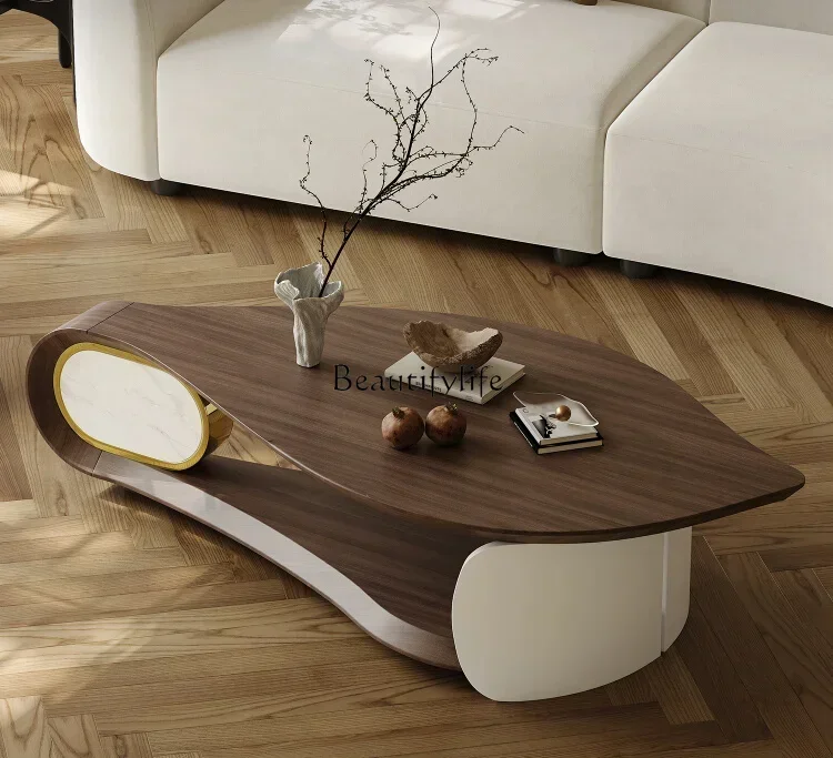 

Leaves Tea Table Special-Shaped Stone Plate Veneer of Juglans Regia Small Apartment Style Art