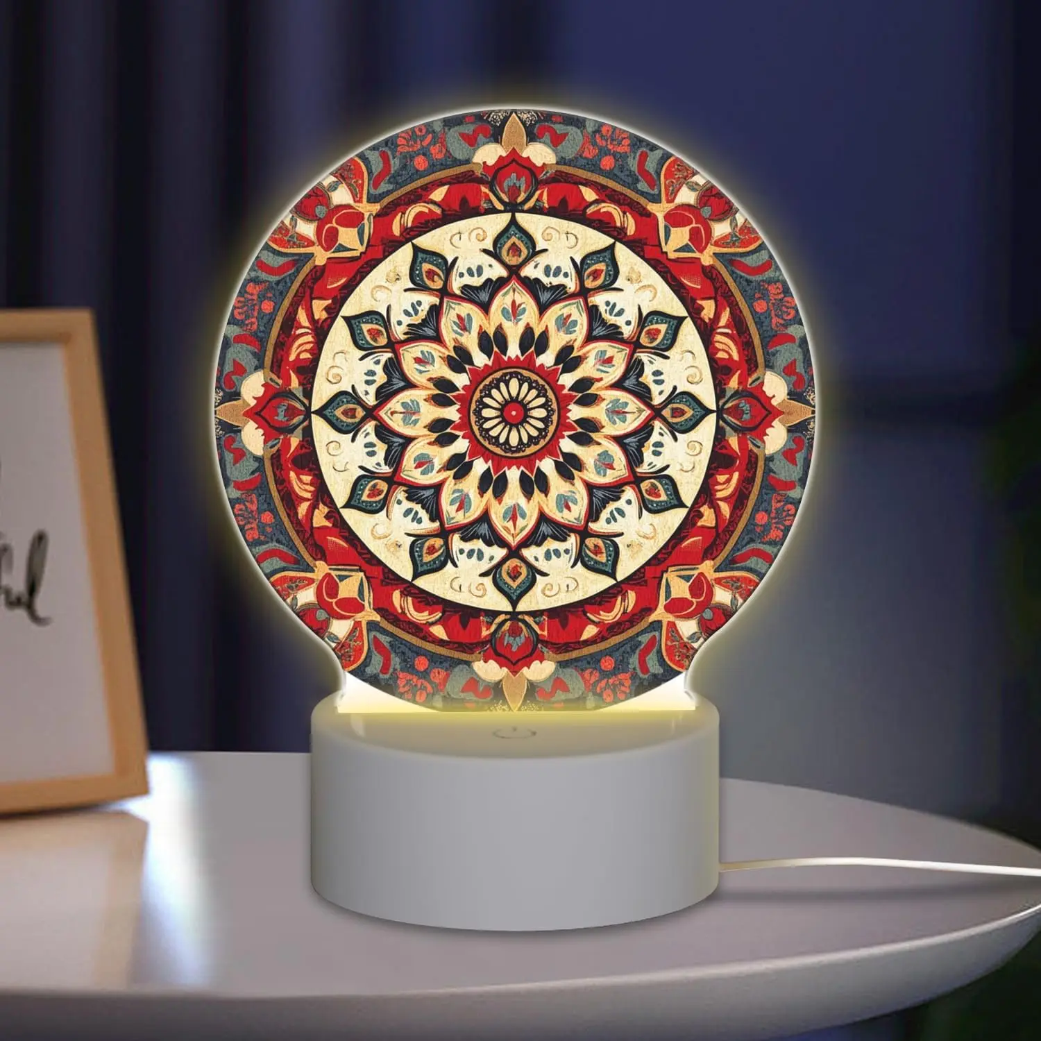 Round Acrylic Touch Bedside Night Light, Round Symmetrical Decorative Pattern Printed LED Night Lamp with USB Plug for Room Decor