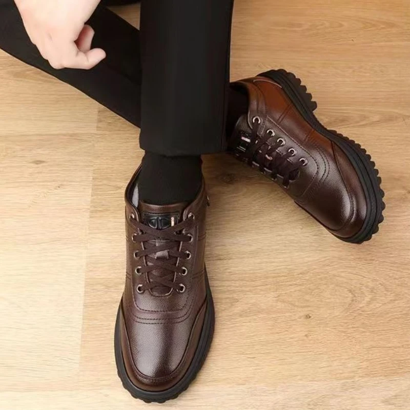 Men's Winter High Top Cotton-Padded Leather Shoes Lined Warm Thickened Casual Work Fashion Male Footwear Business