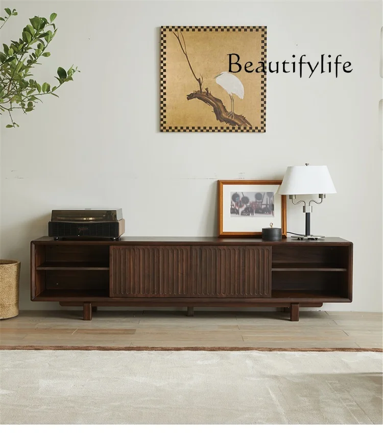 

Chinese Style Living Room Black Walnut Wooden TV Cabinet Nordic Sliding Door TV Cabinet 2 M