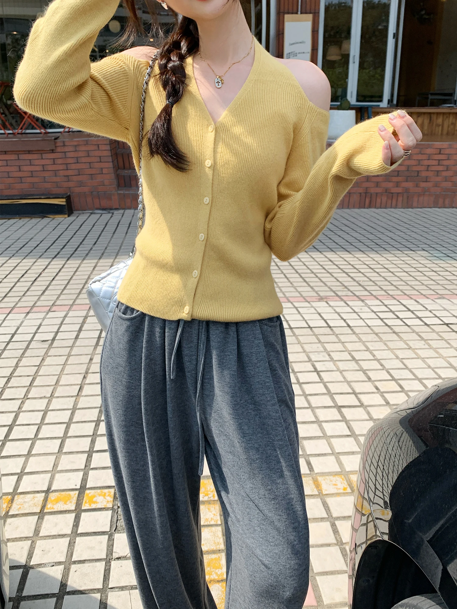 Unique Design Knitted Long Sleeve Shoulder Bared Neck Hanging Women's Korean Style Early Autumn Elegance Top Commute Soft Woo...