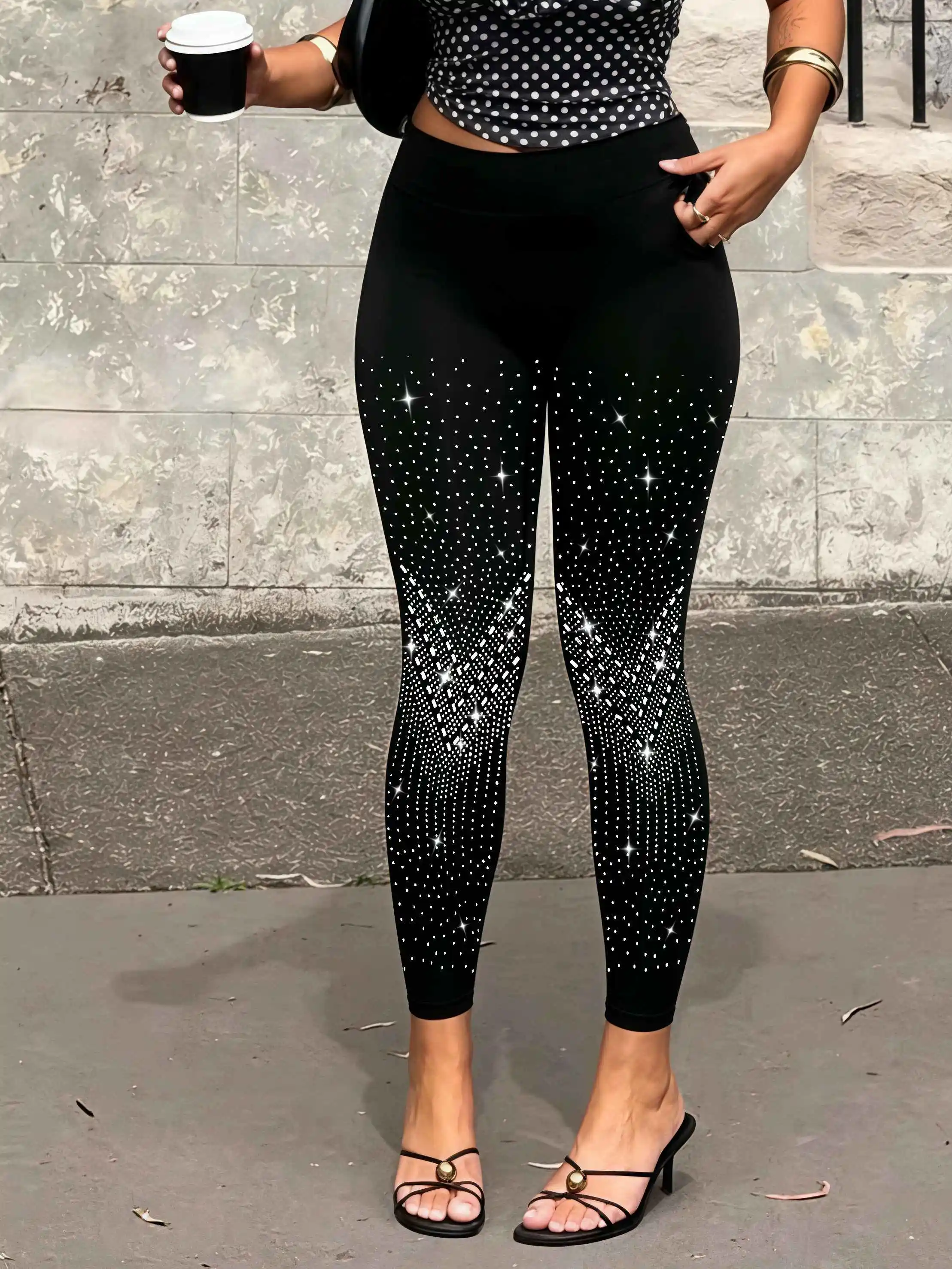 Women's Sparkly V-Shaped Rhinestone Leggings High Waist Black Tummy Control Tights Non-Slip No-Roll Comfortable for Party Club