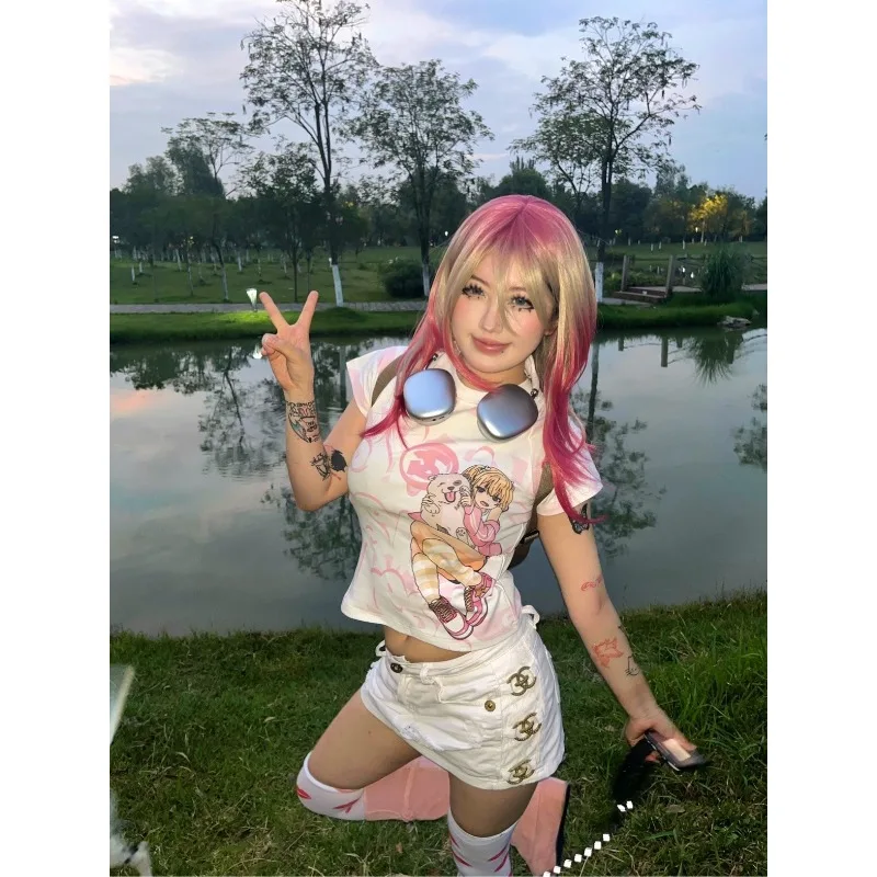 Tops de manga corta con estampado de Anime para mujer, camisetas Harajuku japonesas, Top corto ajustado Sexy, camisetas dulces, dibujos animados Y2k, verano 2024