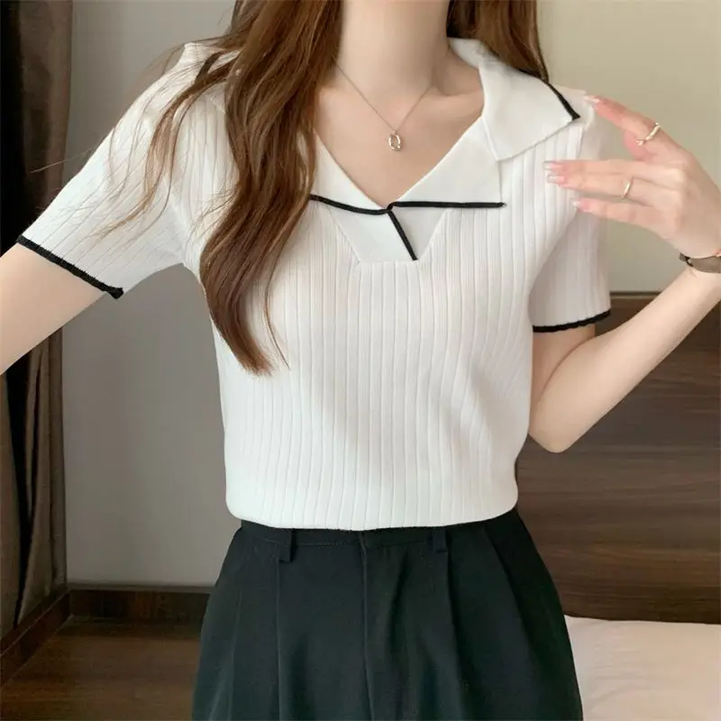 

Women's Polo-Neck Short Summer New Fashionable Sexy Contrast Color Spliced Slim Fit All-match Short Sleeve Knitted T-shirts Tops