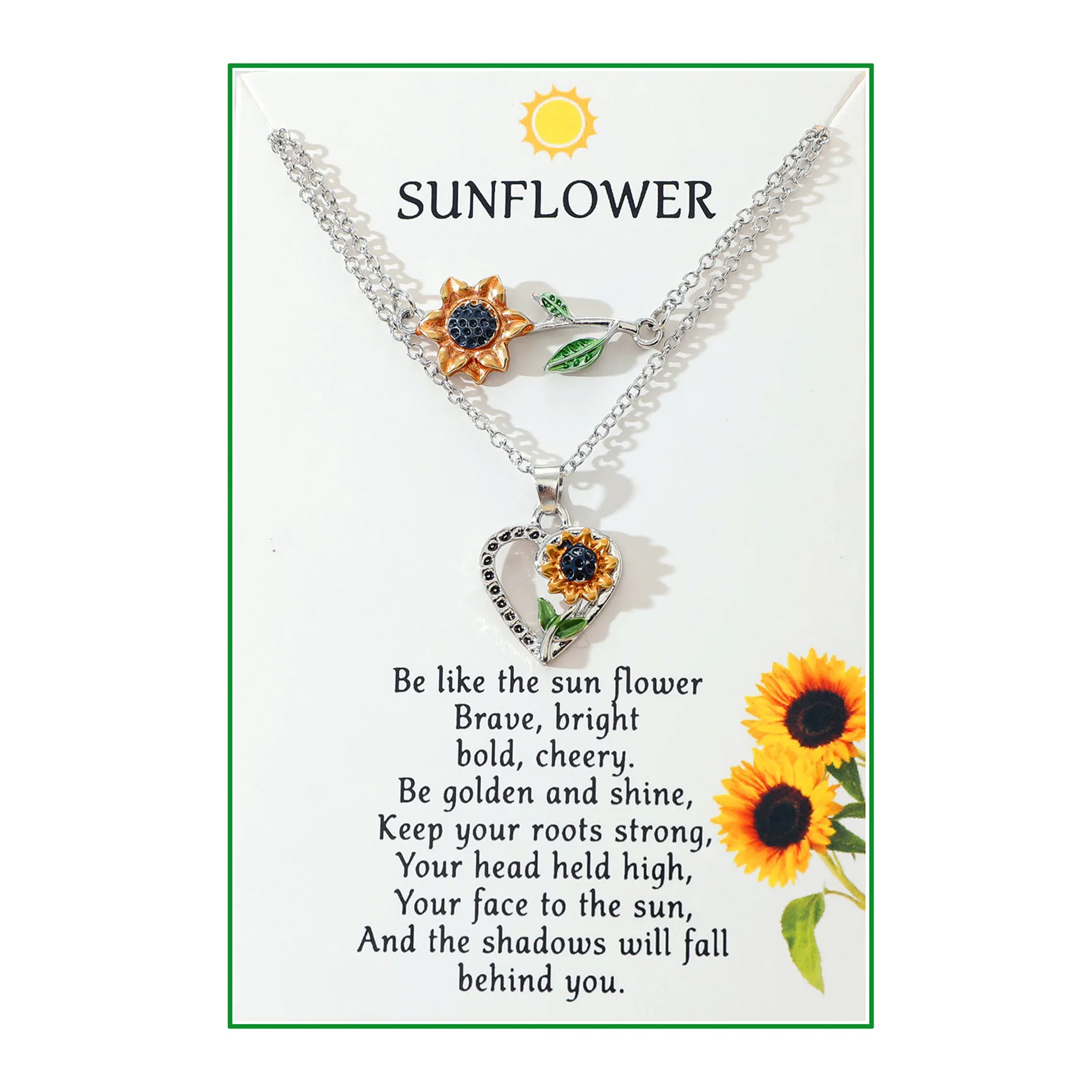 New Sunflower Pendant Necklace with Heart shaped Sunflower Drop Oil Double Layer Letter Blessing Jewelry Wholesale