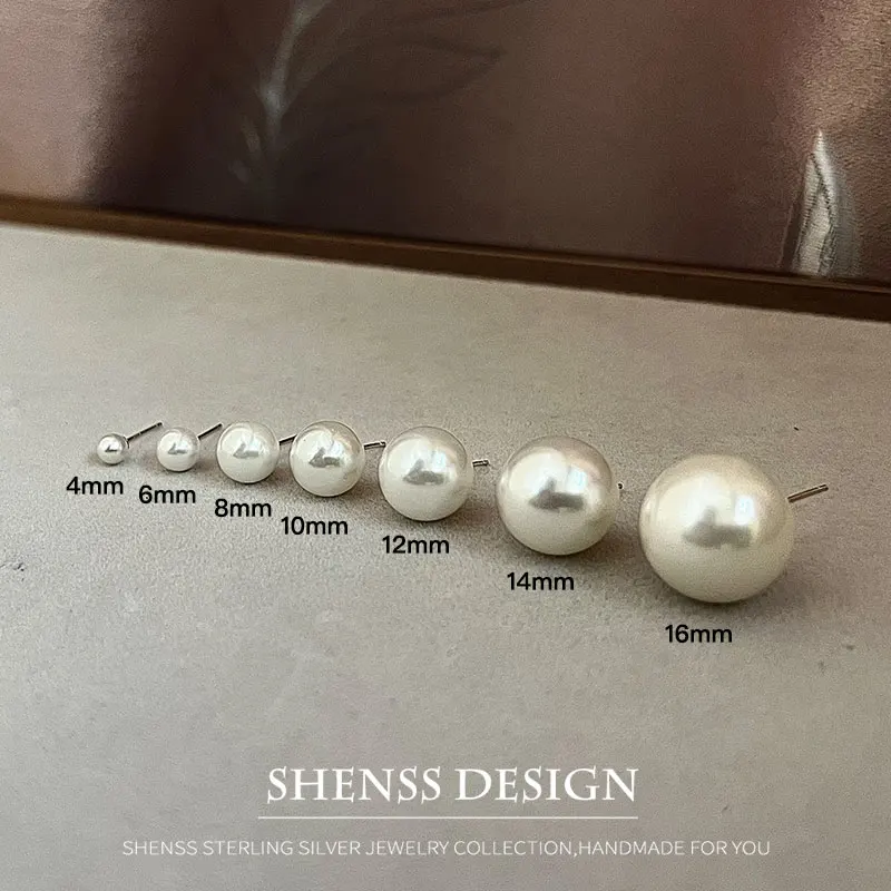 Imitation Shell Pearl Stud wedding Earrings 4mm-16mm 925 Sterling Silver Earring For Women Fashion Classical Style