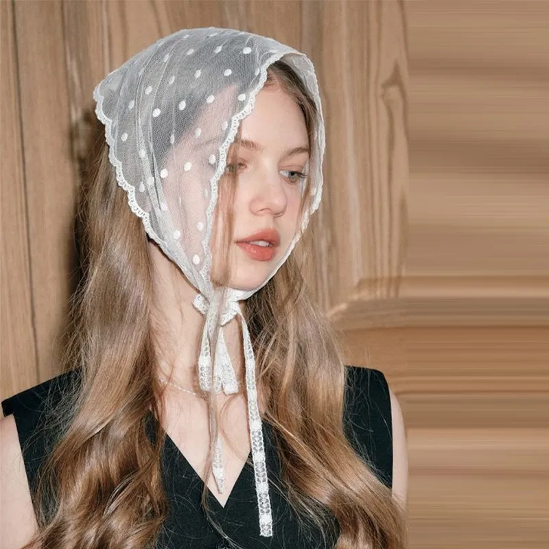 

Lace Triangular Headscarf For Women Simple Polka Dot Hair Accessory French Retro Countryside Style Headband Hair Accessories