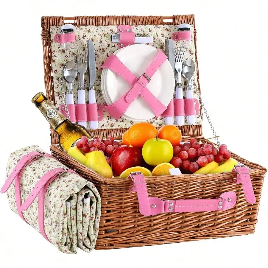 Cesta de picnic de mimbre para 4 personas con manta impermeable y nevera aislada, cesta de mimbre para acampar al aire libre, sesión de fotos o regalo de cumpleaños, San Valentín o boda, color rosa