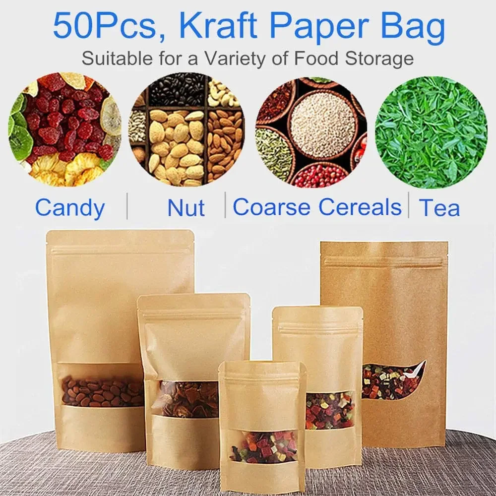 

Kraft Zip Lock Paper Bags Reusable Food Bag Stand Up Pouches with Matte Window 50Pcs Brown(9x14cm) Food Storage Bag Seal