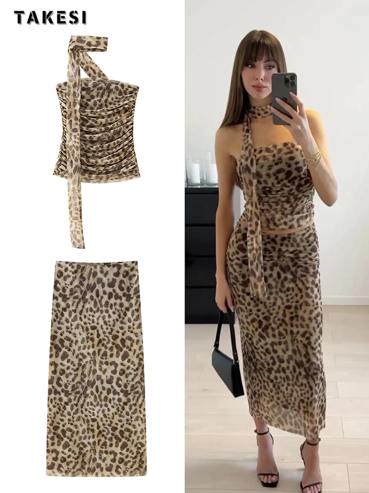 2024 Summer Vintage Sexy Style 2 Piece Set Women Sheath Vest Top + A-line Skirt Hotsweet Leopard Print Two Piece Skirt Set