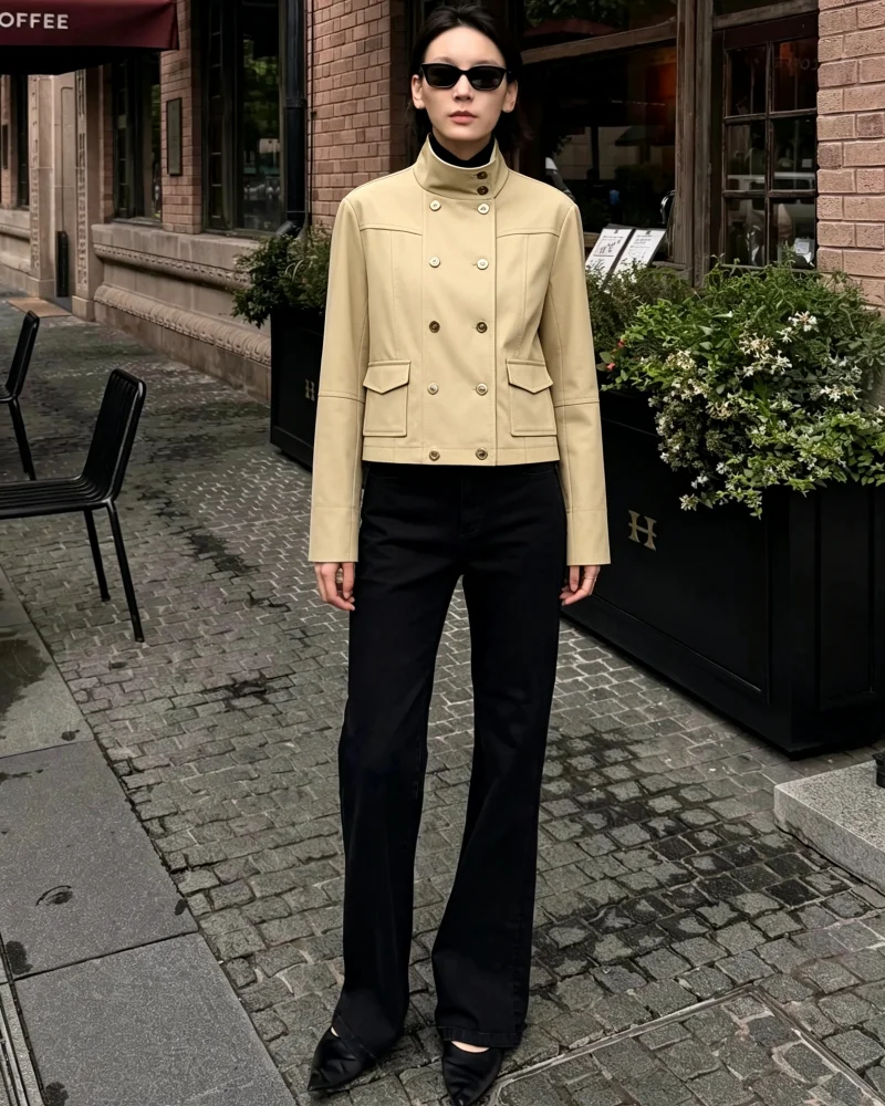 Women's jacket 2026 new European and American fashion stand-up collar double-breasted long-sleeve solid colour with pockets