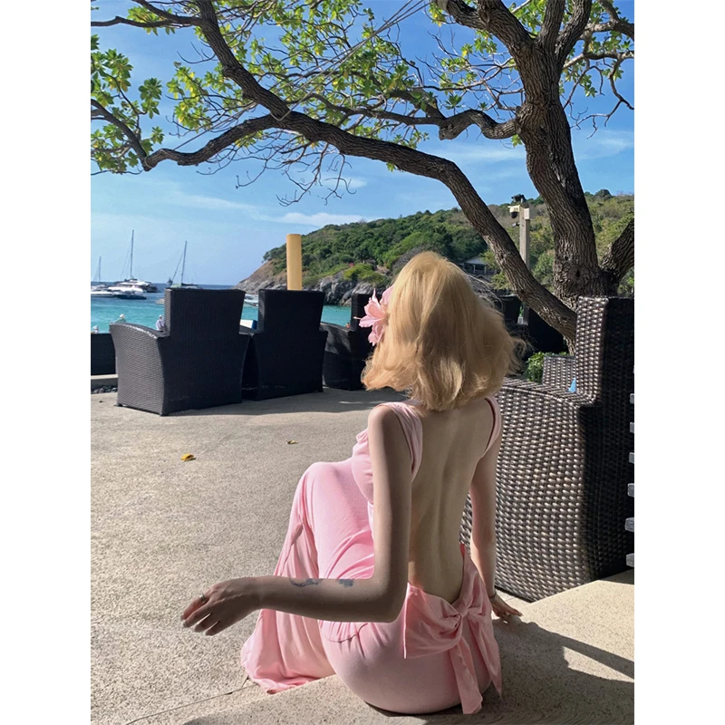 Elegancka Różowa Satynowa Długa Sukienka Damska Moda Impreza Sexy Kokarda Bez Pleców Maxi Sukienki Letnie Gyaru Wakacje Koreańska Obcisła Sukienka Vestidos