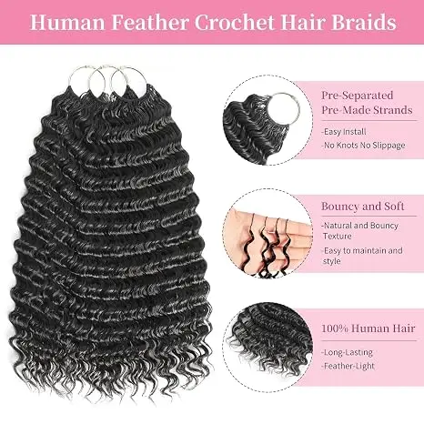 Human Crochet Hair for Women, Feather Human Hair Extensions 50g 50 Strands, Reusable Miracle Look Hair Bundles, Small Knots