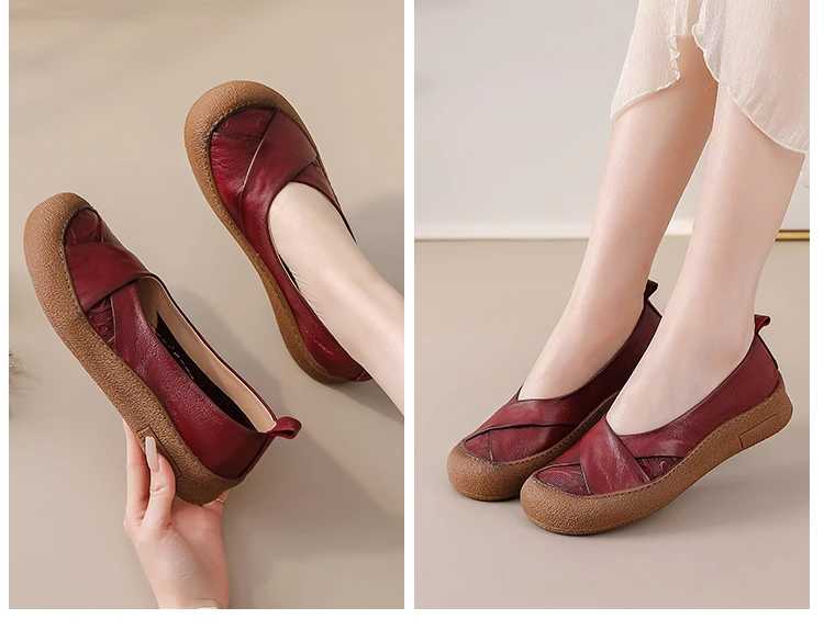 Neue Echtleder-Ballerinas für Damen, V-Ausschnitt Slip-On Schuhe, Retro-Kreuzfalt-Mokassins mit Prägungsmuster für Damen – Detail 15