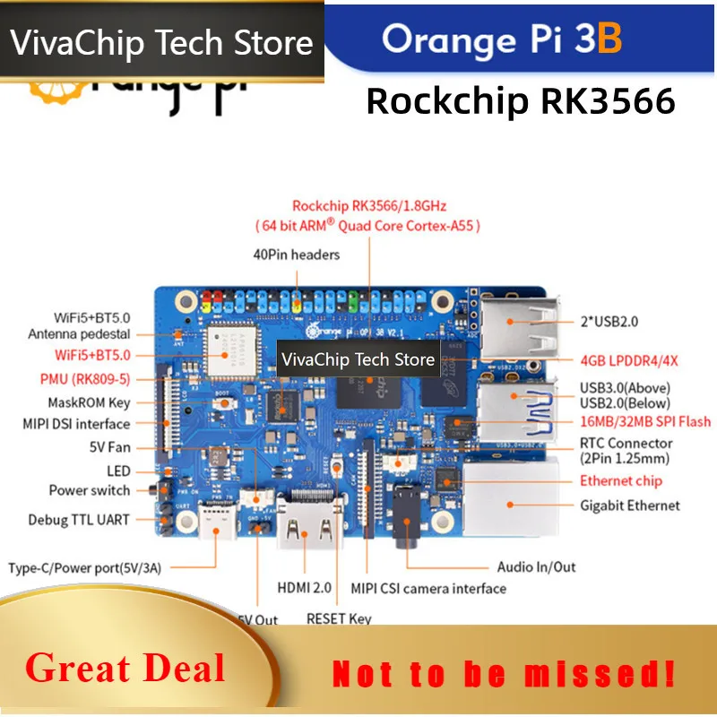 VivaChip TechOrange Pi 3B 4GB Ram Development Board RK3566 Up To 1.8GHz Chip WIFI-BT Single Board Computer Orange Pi 3 Model B S