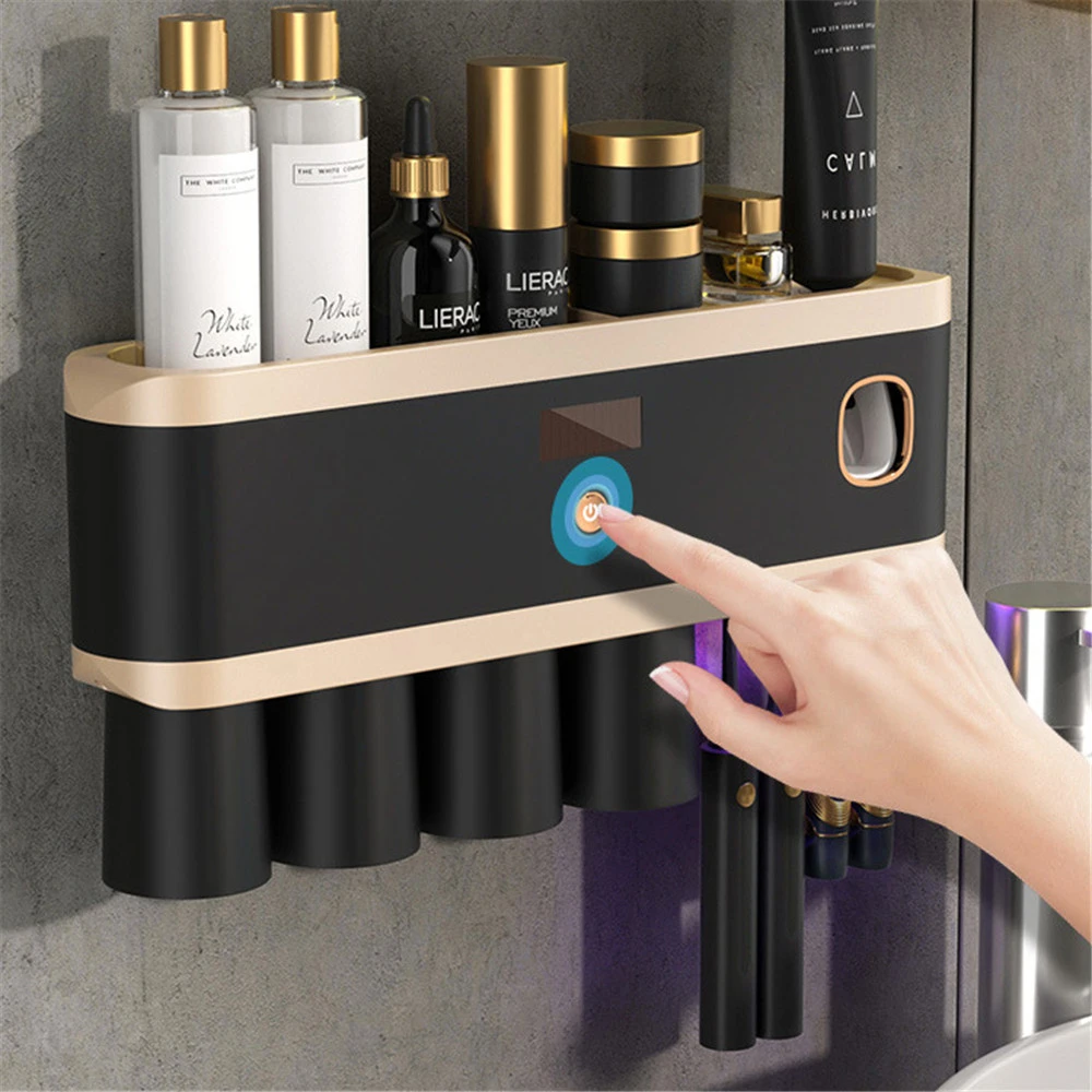 Punch Free UV Toothbrush Holder Toothpaste Dispenser Solar Energy Toothbrush Storage Box Household Bathroom Accessory Set Black