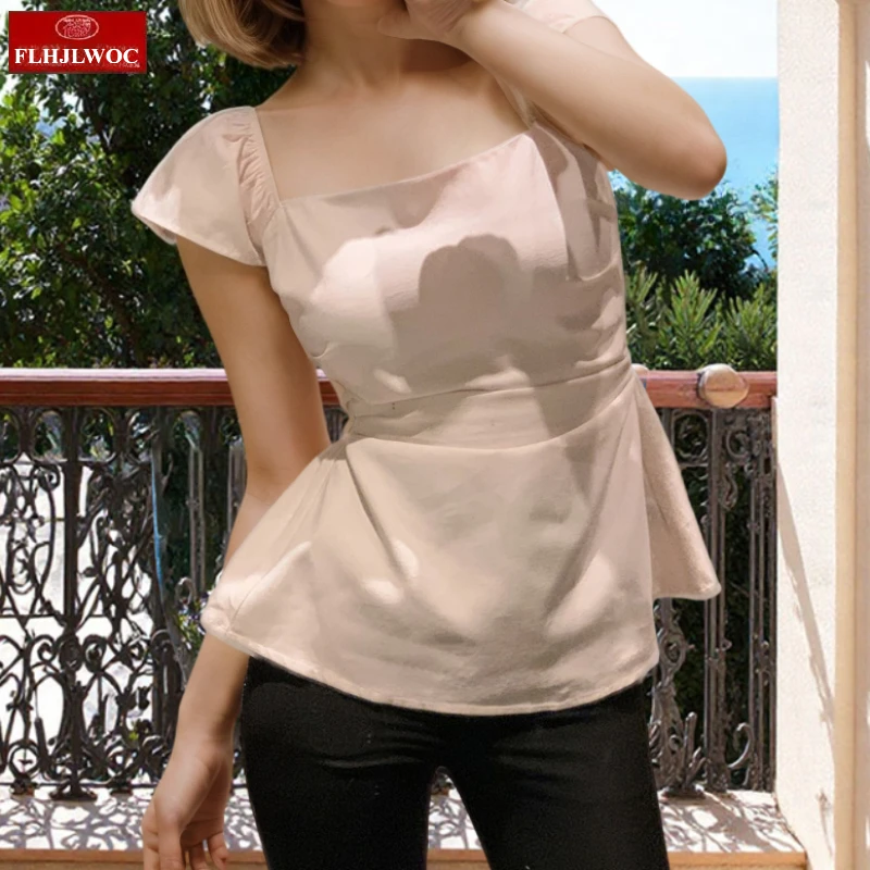 

Lace-Up Draped Layer Peplum Tops Cute Sweet Japan Girls Retro Solid Square Neck Slim Waist Chic Y2K Design Blouses