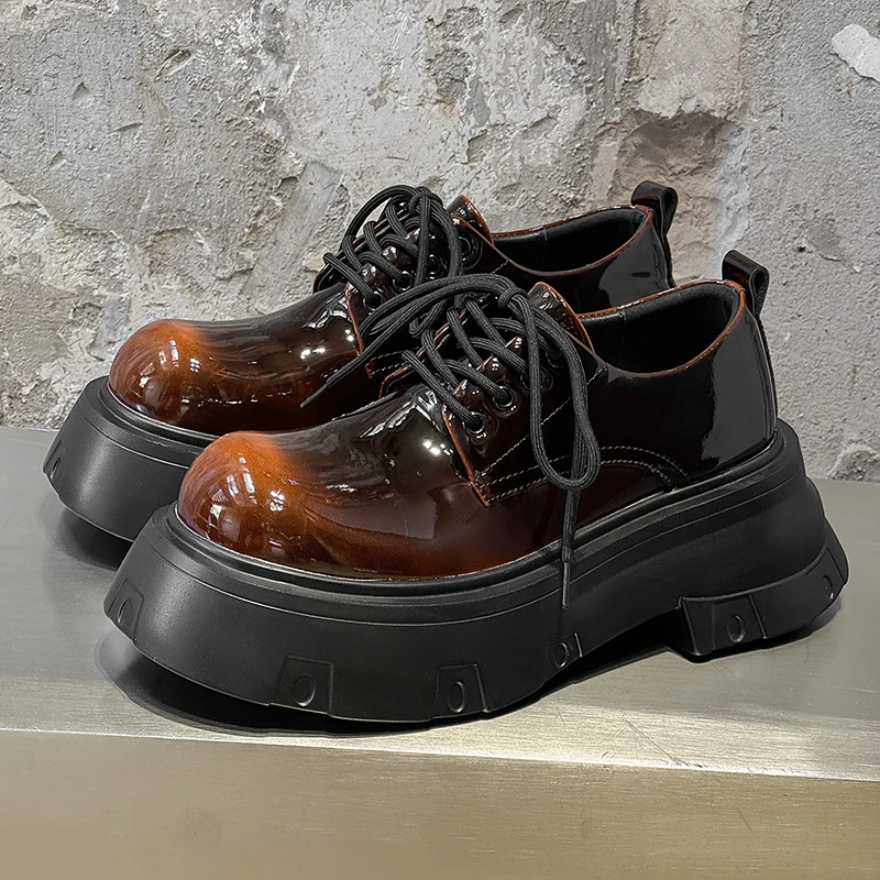 High End New Men Black Mirror Thick Sole Round Toe Derby Shoes Retro Height Increasing Personalized Youth Fashion Shoes