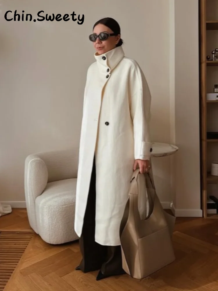Abrigo largo de lana con cuello levantado para mujer, abrigo holgado de manga larga con bolsillos y una botonadura, prendas de vestir para Otoño e Invierno 2025