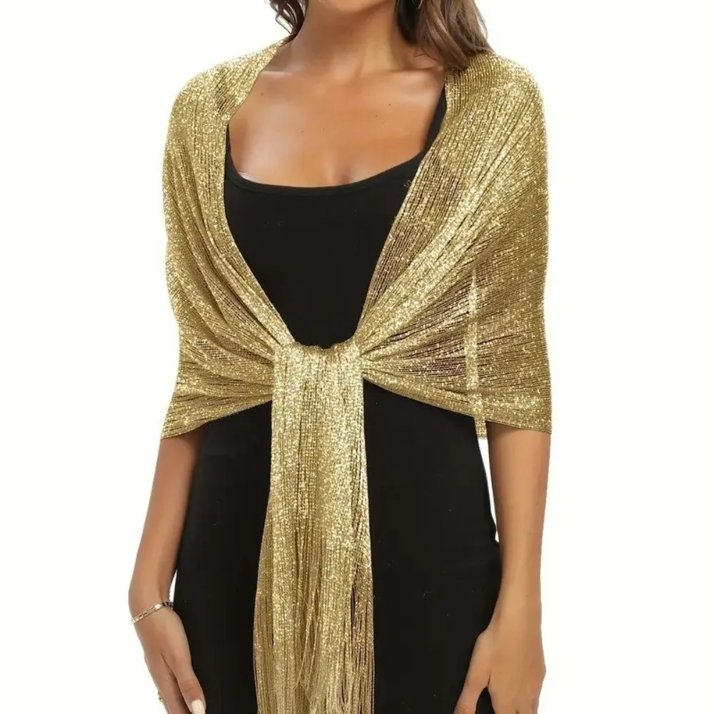 

Elegant Shiny Metallic Scarf Long Gold Silver Thread​ Party Evening Dress Scarf with Tassel Bridal Wedding Wrap