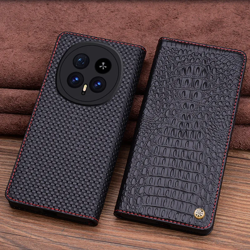 Fashion Genuine Cowhide Leather Magnetic Flip Case for Honor Magic 8 Pro 7 6 RSR Crocodile Grids Pattern Cover Metal Logo Book