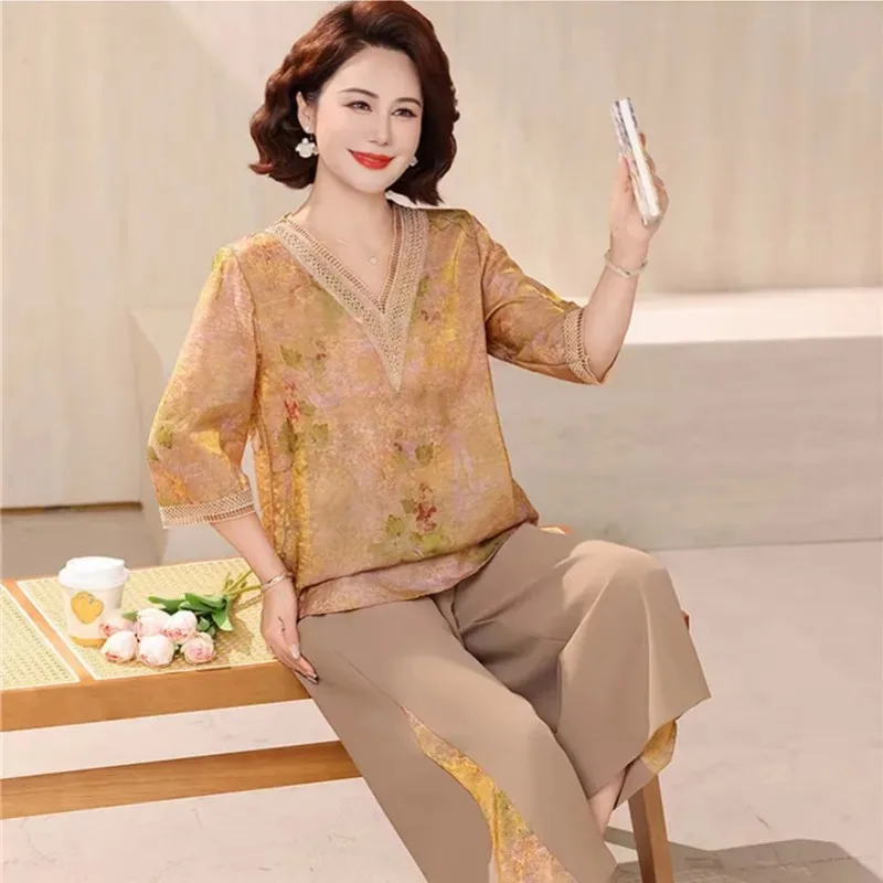 

Women's Floral Print 2-Piece Set Middle Aged Casual Short Sleeve Top Pants Outfit