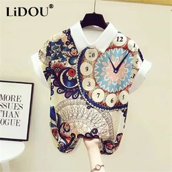 Summer Fashion Printing Streetwear Chiffon Blouse Female Short Sleeve All-match Pullover Top Women Polo-neck Loose Casual Shirt