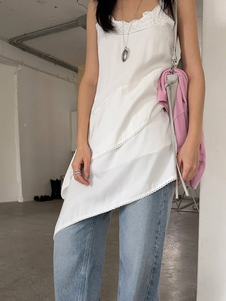 

Korean Style Lace Splice Asymmetrical Hem Strapless Dress Women's Summer Trendy Base Layer Little White Dress City Commute