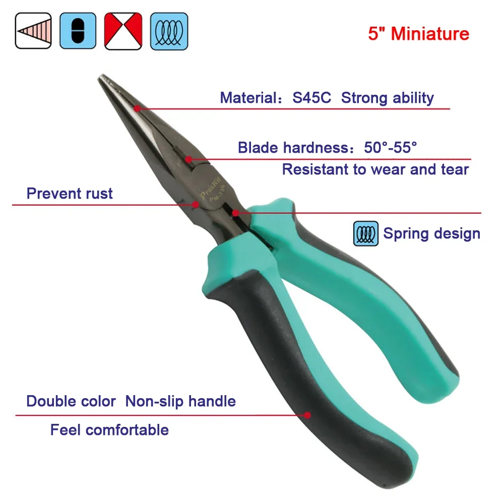 100% Original Pro'sKit PM-736 5-inch Mini Needle Nose Pliers Anti-skid Handle With Teeth Cable Cutter Wire Stripper DIY