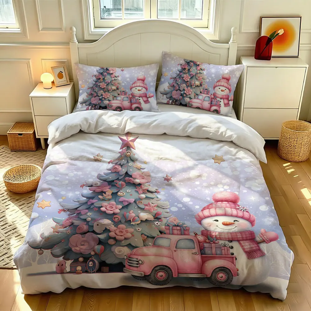 A set of 3 pieces (1 bedspread + 2 pillowcases) featuring a pink Christmas snowman tree perfect for home decoration