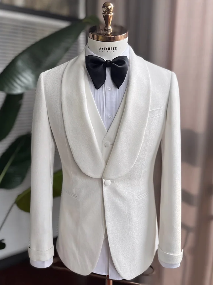 Mens Suits Set White Formal Men Clothing Korea Style Slim Fit Wedding Groom Wear Stage Host Party Blazer Vest Pant Single Button