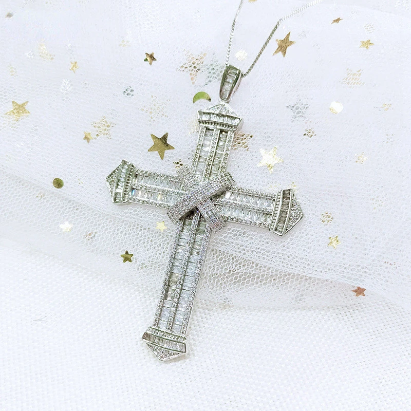 Vintage Long Lab Diamond Cross Pendant 925 Sterling Silver Party Wedding Pendants Necklace For Women men moissanite Jewelry Gift