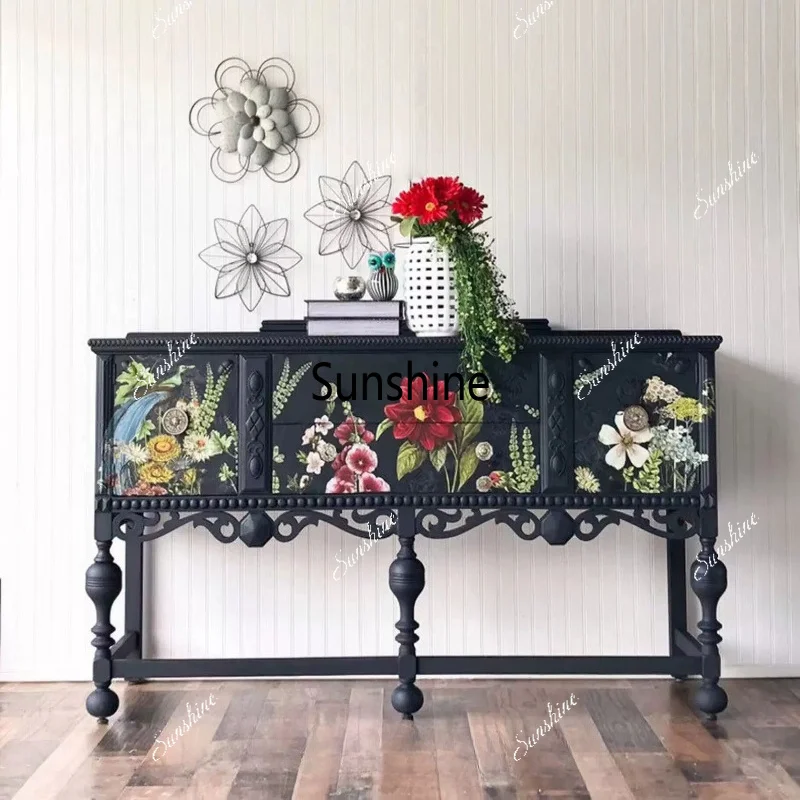 French light luxury solid wood porch cabinet retro old hand-painted home decoration