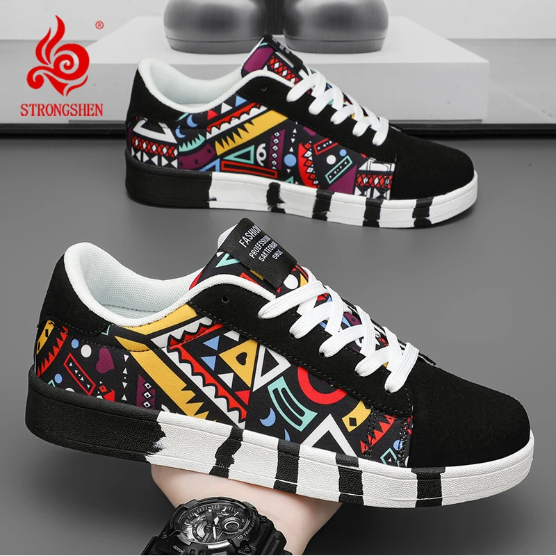 

STRONGSHEN Men Shoes Casual Male Vulcanized Shoes Sneakers Men Fashion Casual Lace-Up Colorful Canvas Sport Graffiti board Shoes